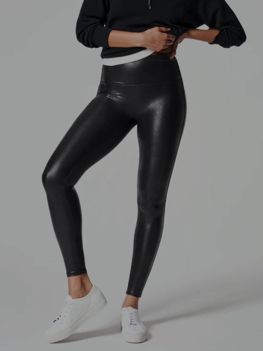 SPANX Black Faux Leather shapewear athletic Leggings yoga NWOT lustrous Small
